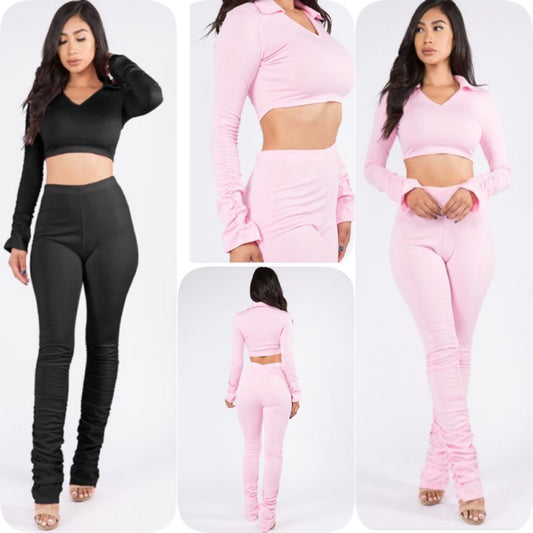 Cropped 2pc set/ Runched style pants